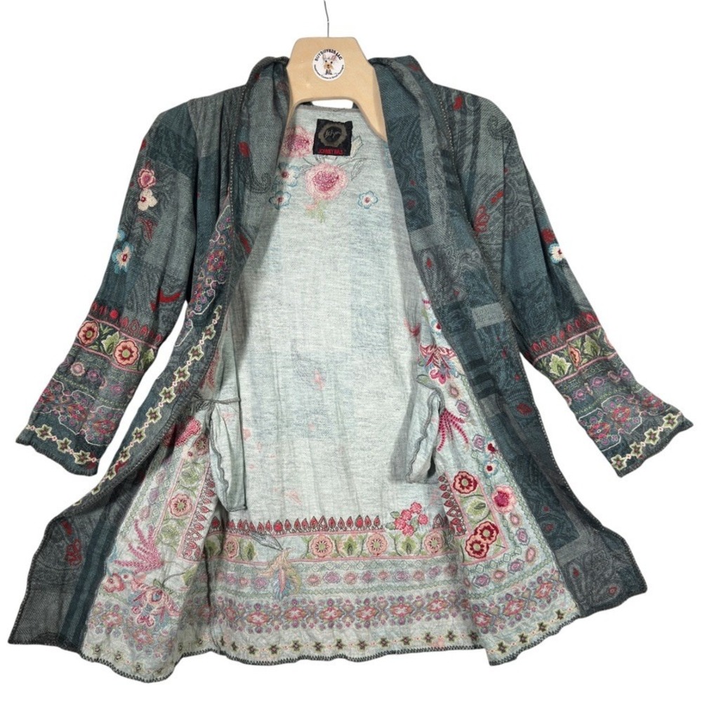 Johnny Was Biya Paco Duster XL Gray Floral Embroidered Hooded Cardigan - Picture 3 of 8